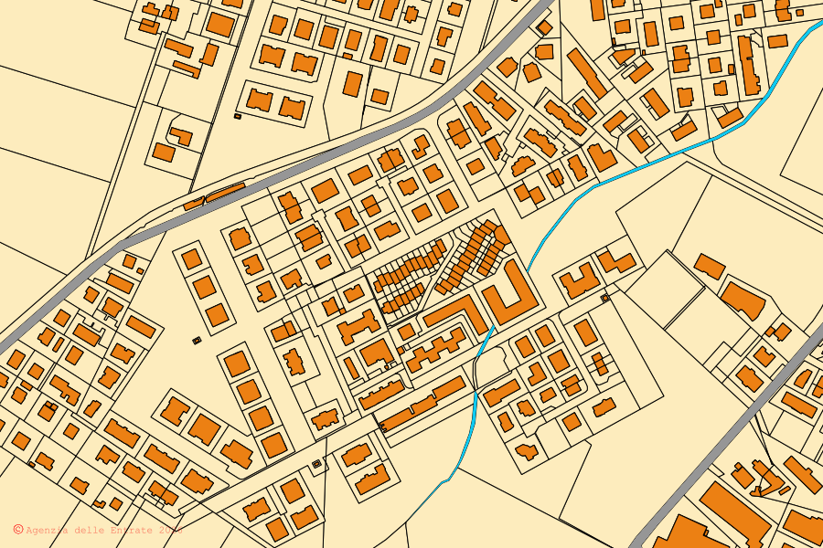 Mapa catastral del centro de Formigine: parcelas y edificios, cartografía de la Agenzia delle Entrate