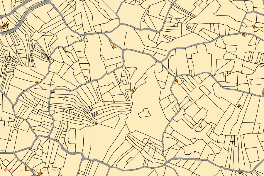 Mapa catastral del centro de Fraine: parcelas y edificios, cartografía de la Agenzia delle Entrate