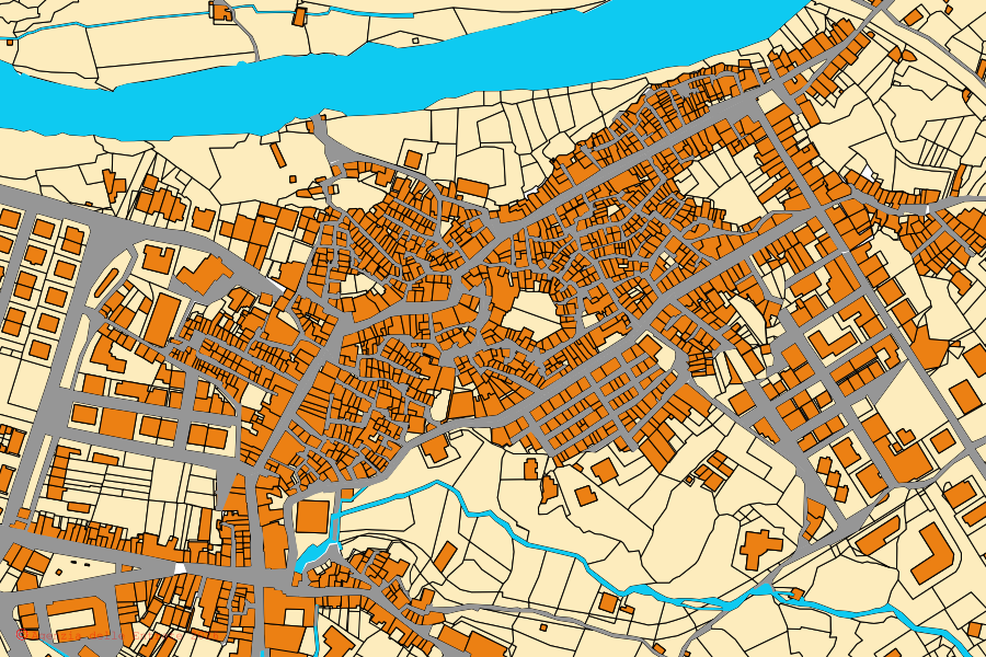 Mapa catastral del centro de Francavilla di Sicilia: parcelas y edificios, cartografía de la Agenzia delle Entrate