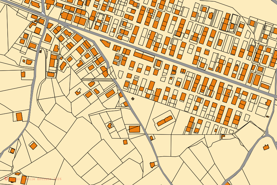 Mapa catastral del centro de Francavilla Marittima: parcelas y edificios, cartografía de la Agenzia delle Entrate