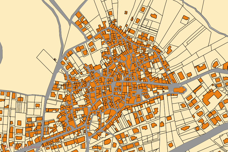 Mapa catastral del centro de Frascineto: parcelas y edificios, cartografía de la Agenzia delle Entrate