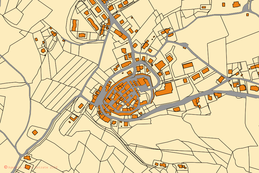 Mapa catastral del centro de Fratte Rosa: parcelas y edificios, cartografía de la Agenzia delle Entrate