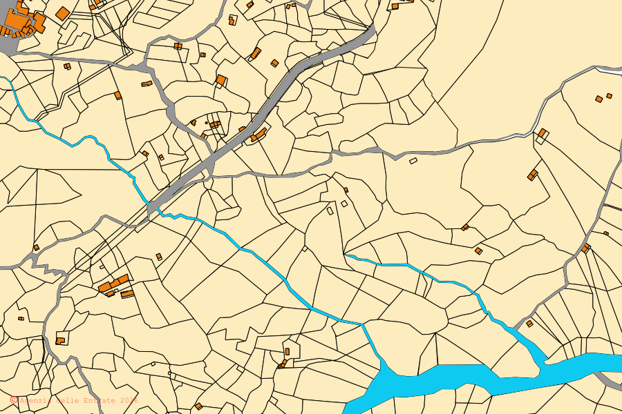 Mapa catastral del centro de Frazzanò: parcelas y edificios, cartografía de la Agenzia delle Entrate