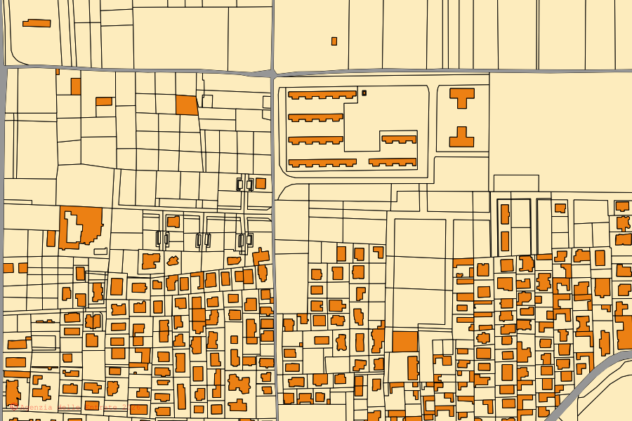 Mapa catastral del centro de Frignano: parcelas y edificios, cartografía de la Agenzia delle Entrate