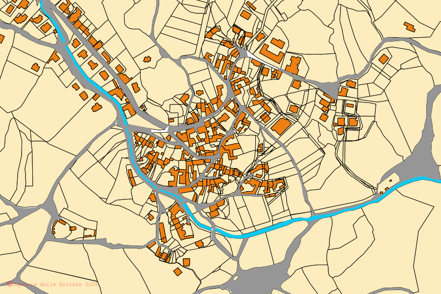 Mapa catastral del centro de Goni: parcelas y edificios, cartografía de la Agenzia delle Entrate
