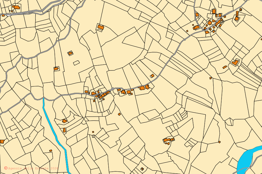 Mapa catastral del centro de Gosaldo: parcelas y edificios, cartografía de la Agenzia delle Entrate
