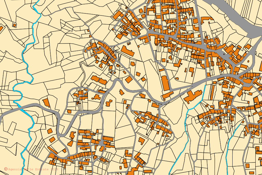 Mapa catastral del centro de Graglia: parcelas y edificios, cartografía de la Agenzia delle Entrate