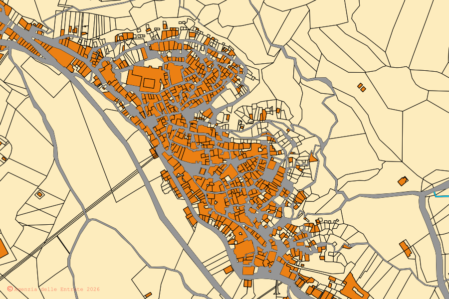 Mapa catastral del centro de Grottole: parcelas y edificios, cartografía de la Agenzia delle Entrate