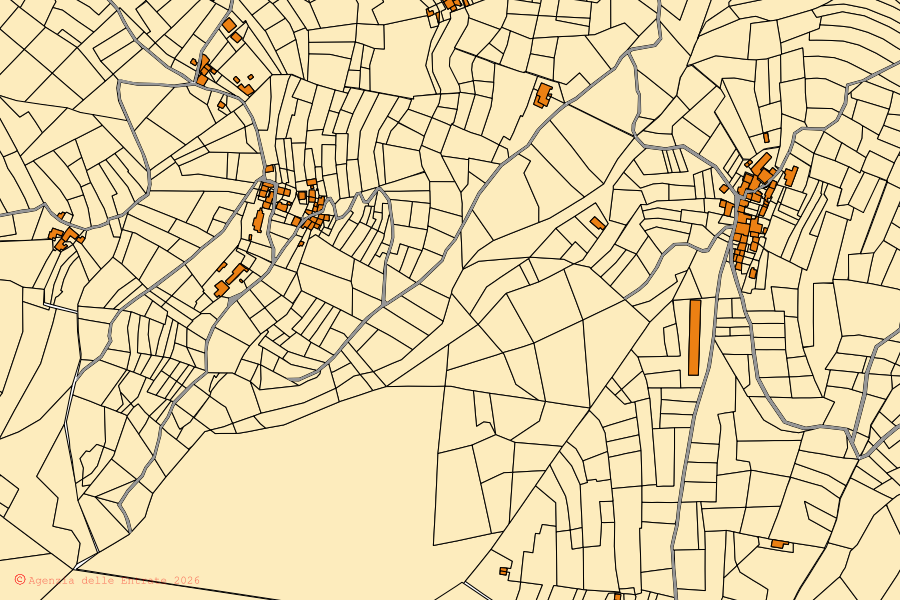 Mapa catastral del centro de Inverso Pinasca: parcelas y edificios, cartografía de la Agenzia delle Entrate