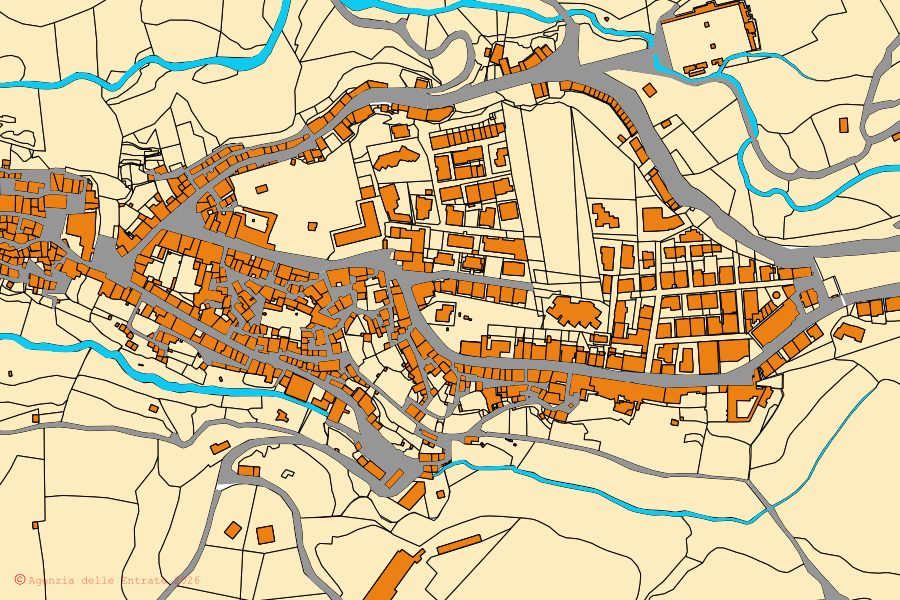 Mapa catastral del centro de Ischia di Castro: parcelas y edificios, cartografía de la Agenzia delle Entrate