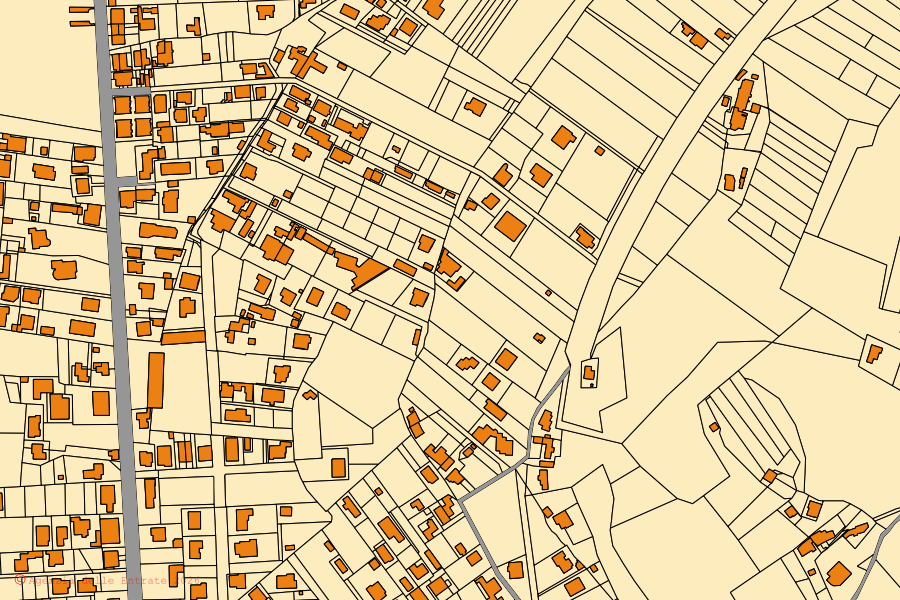 Mapa catastral del centro de Isola del Liri: parcelas y edificios, cartografía de la Agenzia delle Entrate