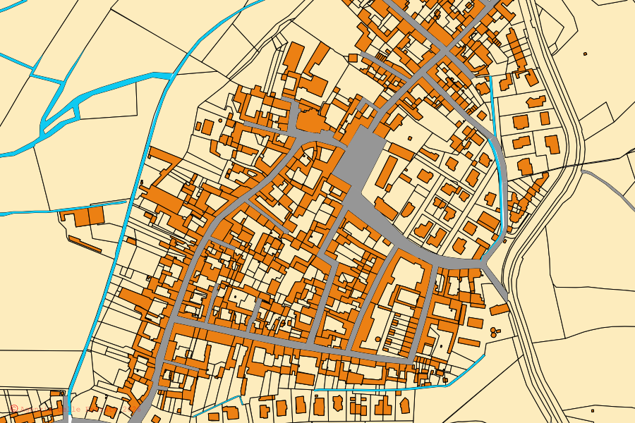 Mapa catastral del centro de Isola Dovarese: parcelas y edificios, cartografía de la Agenzia delle Entrate