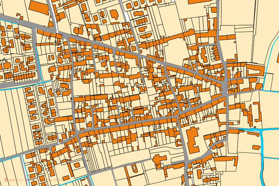 Mapa catastral del centro de Izano: parcelas y edificios, cartografía de la Agenzia delle Entrate
