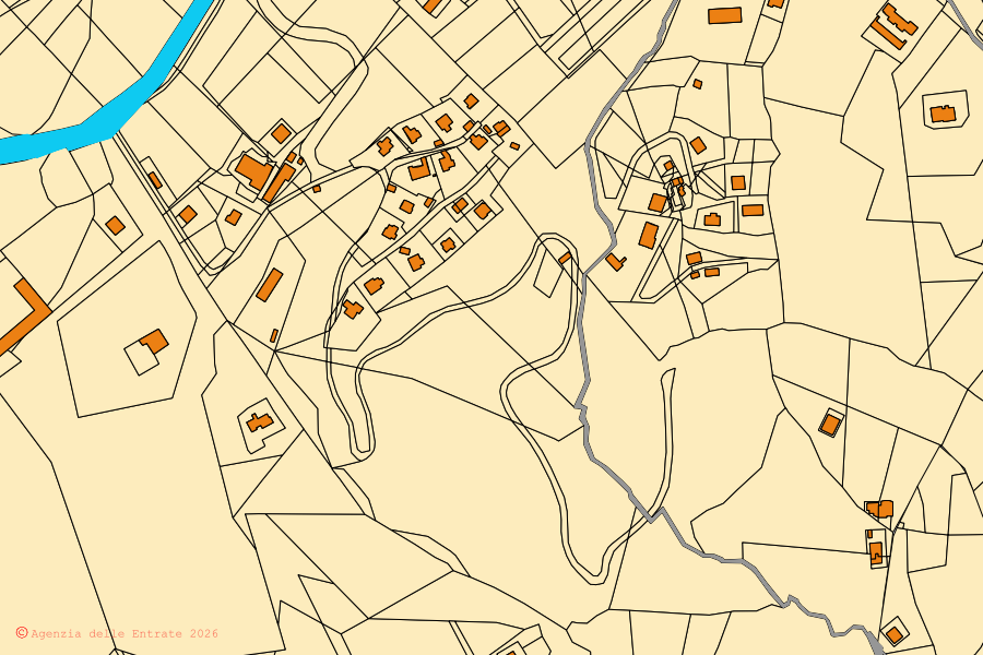 Mapa catastral del centro de Laureana Cilento: parcelas y edificios, cartografía de la Agenzia delle Entrate