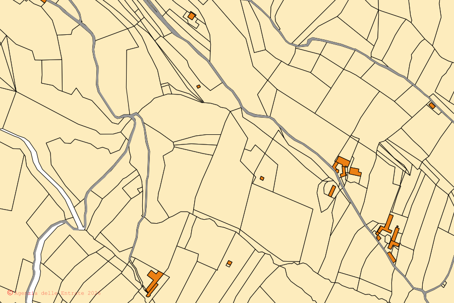 Mapa catastral del centro de Levice: parcelas y edificios, cartografía de la Agenzia delle Entrate