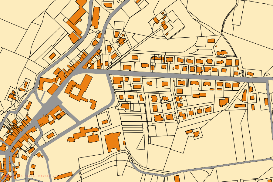 Mapa catastral del centro de Longiano: parcelas y edificios, cartografía de la Agenzia delle Entrate