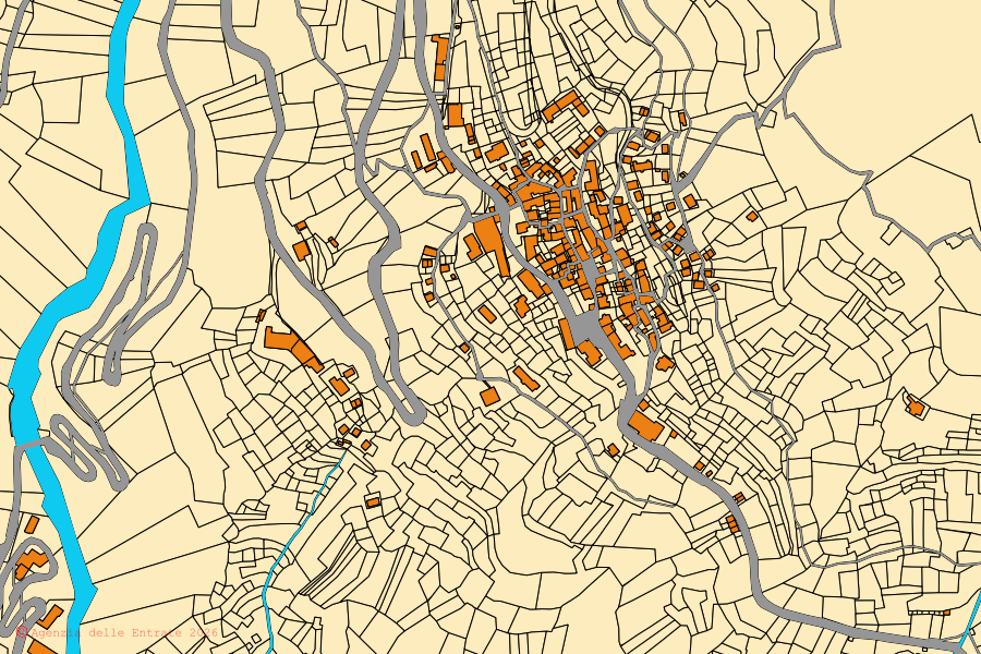 Mapa catastral del centro de Loreglia: parcelas y edificios, cartografía de la Agenzia delle Entrate