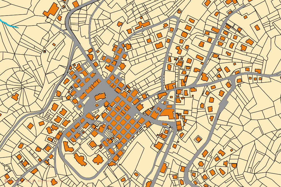 Mapa catastral del centro de Lorenzago di Cadore: parcelas y edificios, cartografía de la Agenzia delle Entrate