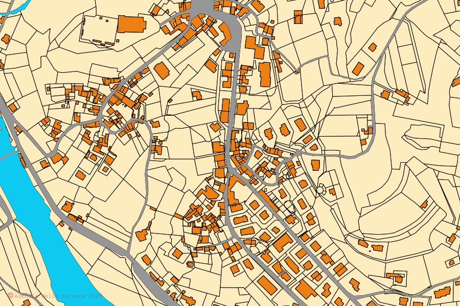 Mapa catastral del centro de Lugo di Vicenza: parcelas y edificios, cartografía de la Agenzia delle Entrate