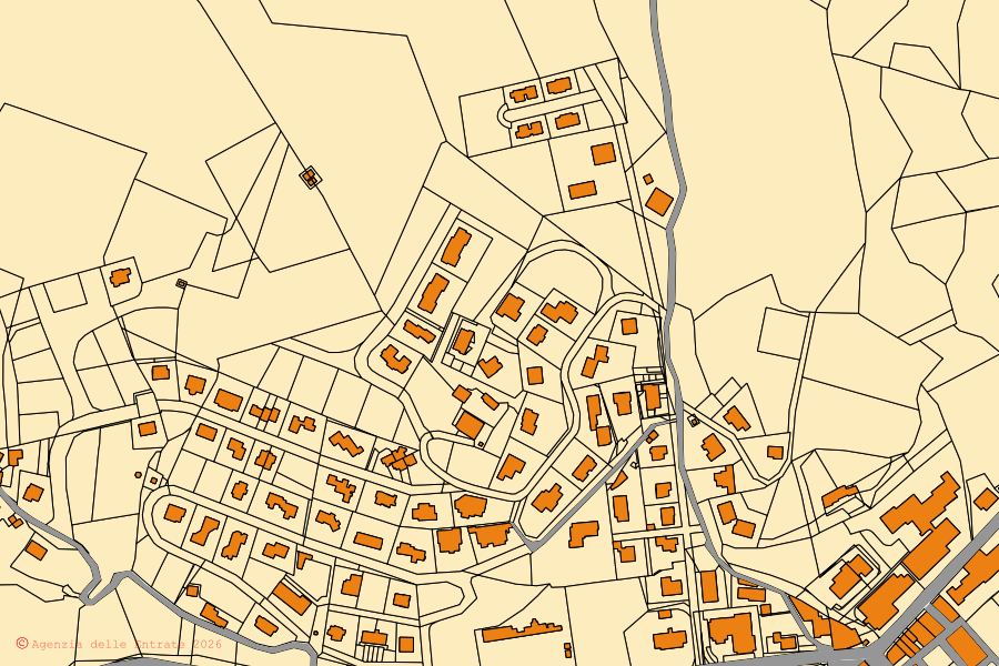 Mapa catastral del centro de Macerata Feltria: parcelas y edificios, cartografía de la Agenzia delle Entrate