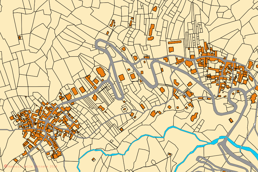Mapa catastral del centro de Madonna del Sasso: parcelas y edificios, cartografía de la Agenzia delle Entrate