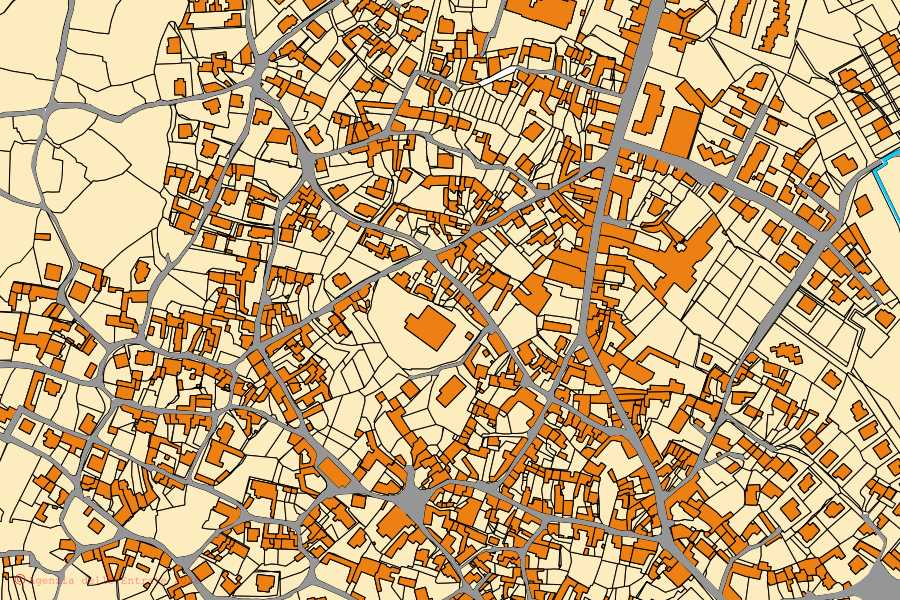 Mapa catastral del centro de Mandas: parcelas y edificios, cartografía de la Agenzia delle Entrate