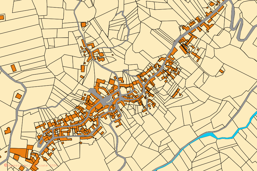 Mapa catastral del centro de Maranzana: parcelas y edificios, cartografía de la Agenzia delle Entrate