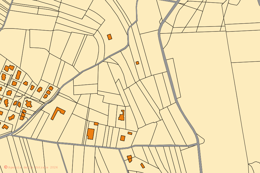 Mapa catastral del centro de Marentino: parcelas y edificios, cartografía de la Agenzia delle Entrate