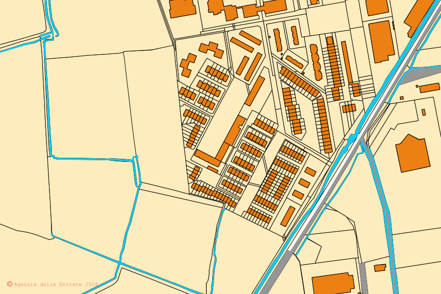 Mapa catastral del centro de Mediglia: parcelas y edificios, cartografía de la Agenzia delle Entrate