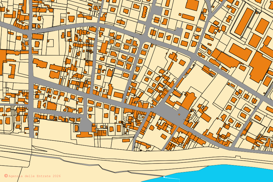 Mapa catastral del centro de Melara: parcelas y edificios, cartografía de la Agenzia delle Entrate