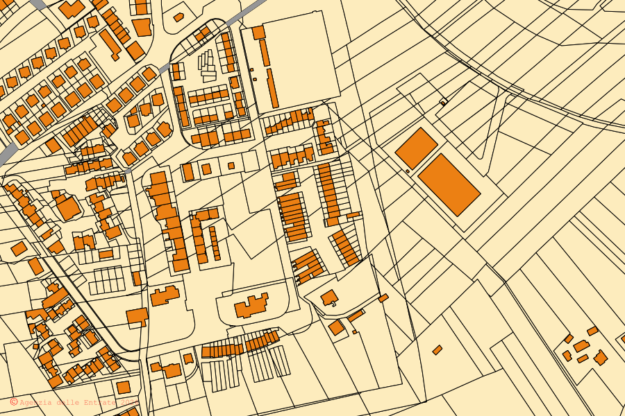 Mapa catastral del centro de Melito Irpino: parcelas y edificios, cartografía de la Agenzia delle Entrate