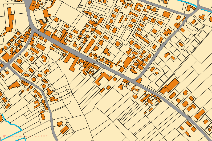 Mapa catastral del centro de Merlara: parcelas y edificios, cartografía de la Agenzia delle Entrate