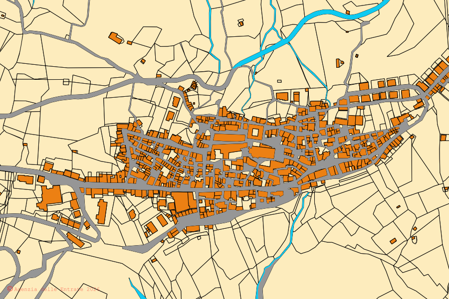 Mapa catastral del centro de Mirto: parcelas y edificios, cartografía de la Agenzia delle Entrate