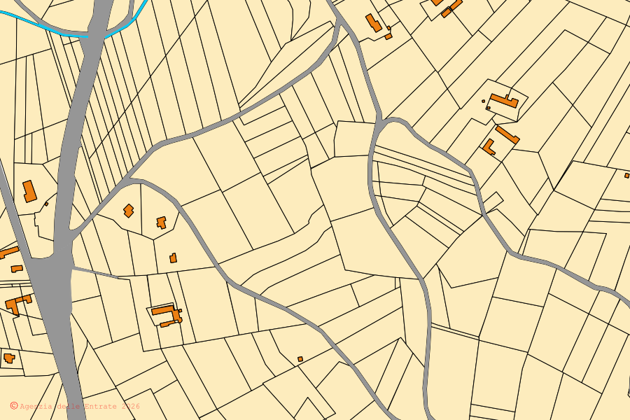 Mapa catastral del centro de Moasca: parcelas y edificios, cartografía de la Agenzia delle Entrate