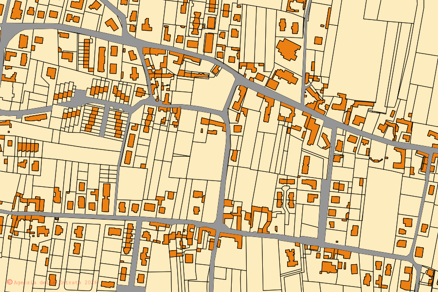 Mapa catastral del centro de Moimacco: parcelas y edificios, cartografía de la Agenzia delle Entrate