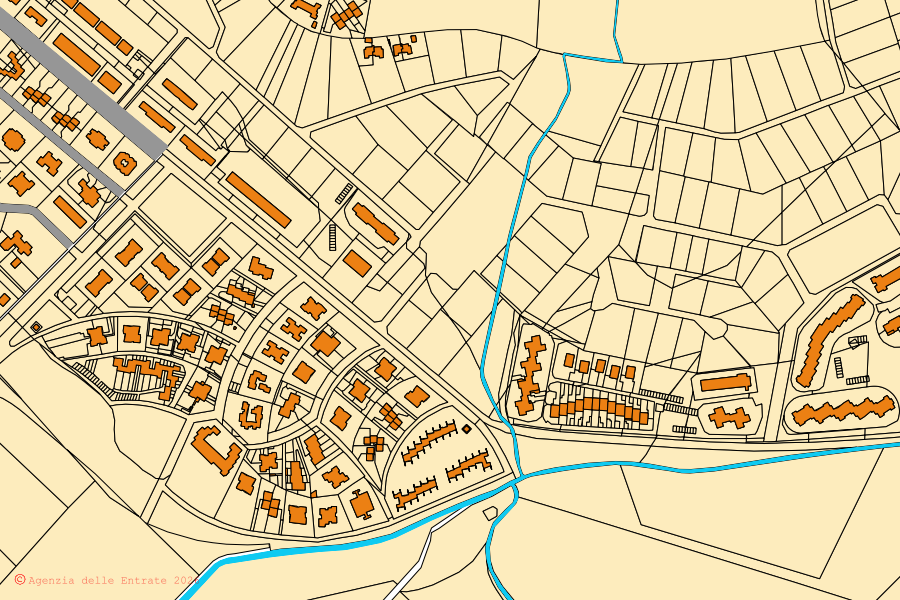 Mapa catastral del centro de Montalto di Castro: parcelas y edificios, cartografía de la Agenzia delle Entrate