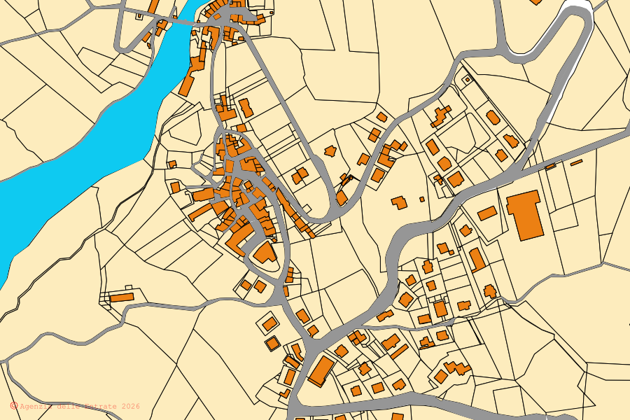 Mapa catastral del centro de Monte Cerignone: parcelas y edificios, cartografía de la Agenzia delle Entrate