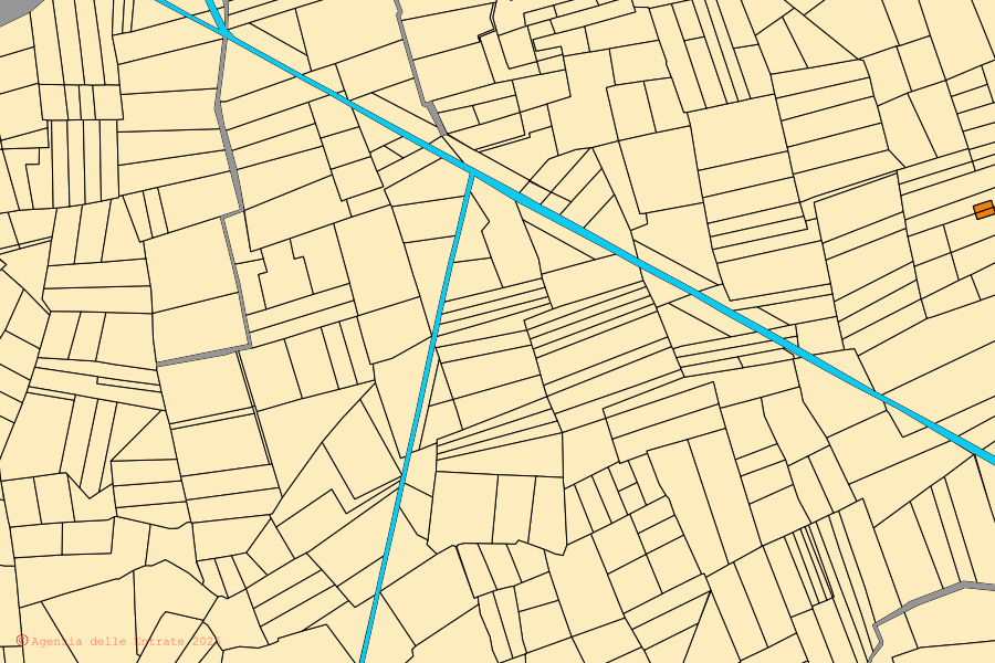Mapa catastral del centro de Monte San Biagio: parcelas y edificios, cartografía de la Agenzia delle Entrate