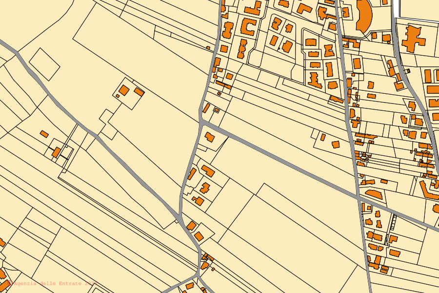 Mapa catastral del centro de Monte San Vito: parcelas y edificios, cartografía de la Agenzia delle Entrate