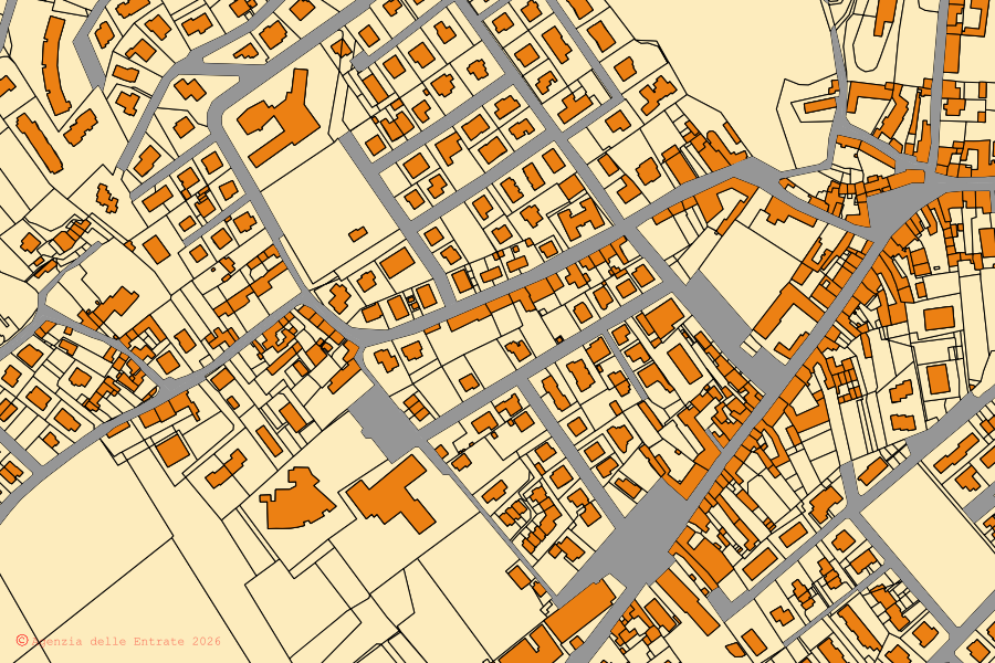 Mapa catastral del centro de Montebello Vicentino: parcelas y edificios, cartografía de la Agenzia delle Entrate