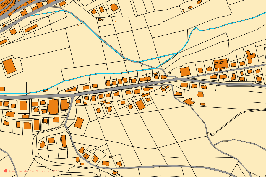 Mapa catastral del centro de Montefiore dell'Aso: parcelas y edificios, cartografía de la Agenzia delle Entrate