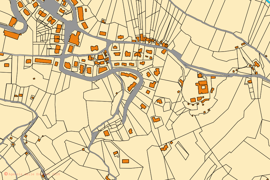 Mapa catastral del centro de Monteleone Sabino: parcelas y edificios, cartografía de la Agenzia delle Entrate