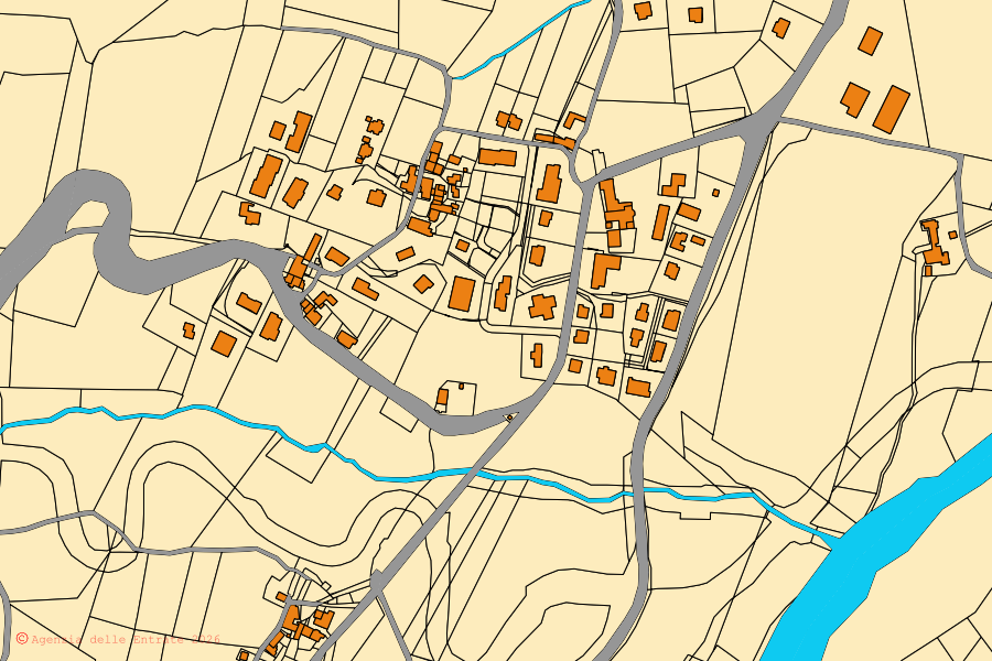 Mapa catastral del centro de Monterenzio: parcelas y edificios, cartografía de la Agenzia delle Entrate
