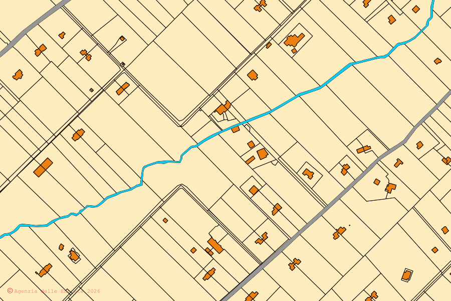 Mapa catastral del centro de Monterosi: parcelas y edificios, cartografía de la Agenzia delle Entrate