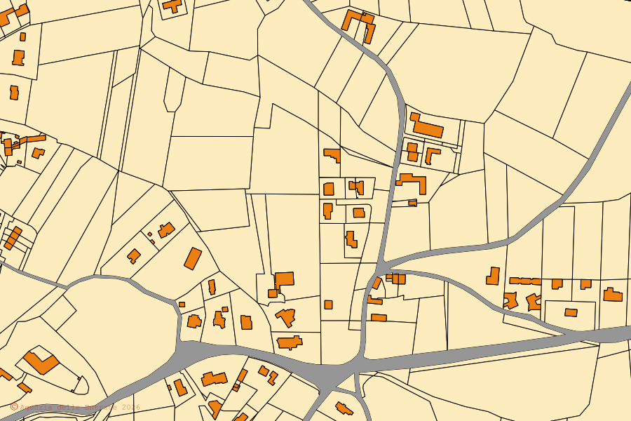 Mapa catastral del centro de Moruzzo: parcelas y edificios, cartografía de la Agenzia delle Entrate