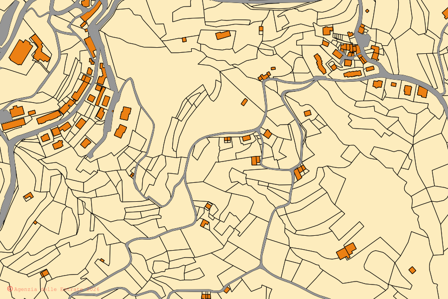 Mapa catastral del centro de Mura: parcelas y edificios, cartografía de la Agenzia delle Entrate