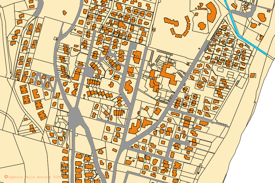 Mapa catastral del centro de Muravera: parcelas y edificios, cartografía de la Agenzia delle Entrate