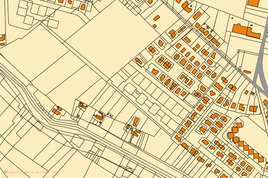 Mapa catastral del centro de Occhiobello: parcelas y edificios, cartografía de la Agenzia delle Entrate