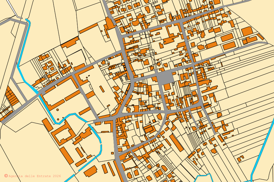 Mapa catastral del centro de Olevano di Lomellina: parcelas y edificios, cartografía de la Agenzia delle Entrate