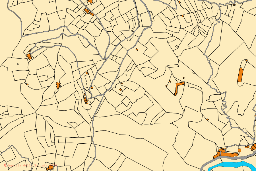 Mapa catastral del centro de Orero: parcelas y edificios, cartografía de la Agenzia delle Entrate